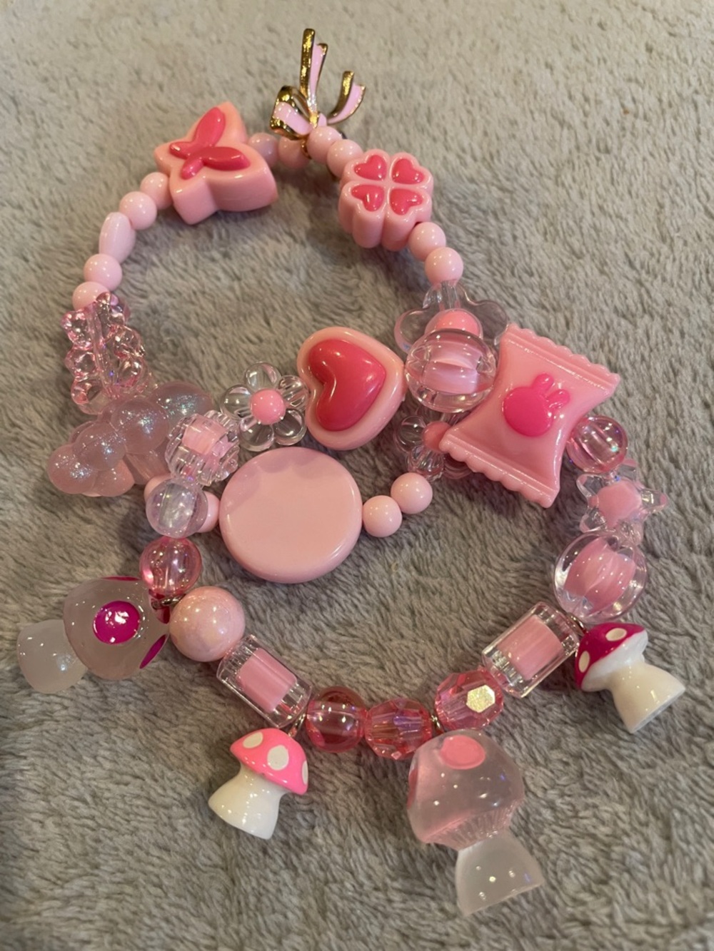 Pink Beaded Kids Bracelet Set with Mushroom & Heart Charms